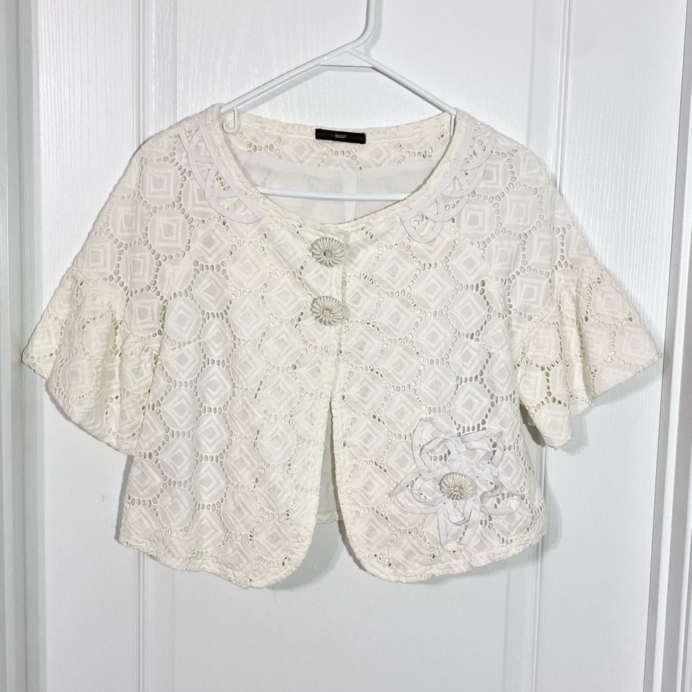 Anthro Hazel Embroidered Lace Short Flutter Sleeve Cropped Jacket White Medium